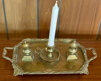 ANTIQUE BRASS TRAY WRITING SET