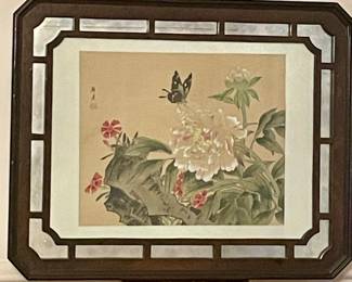 BLOCK PRINT - ORIGINAL ORIENTAL WATERCOLORS ON SILK MOUNTED IN MAHOGANY MIRRORED FRAME #6427