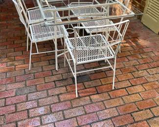 VINTAGE GLASS-TOP WROUGHT IRON TABLE & 6-CHAIRS