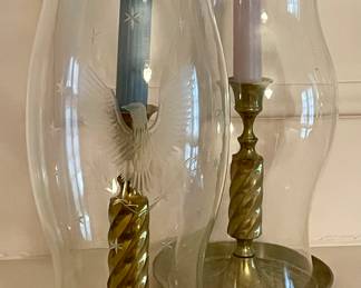 BRASS CANDLESTICKS W/EAGLE ETCHED GLOBES