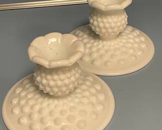 VINTAGE HOBNAIL/MOONSTONE CANDLESTICKS
