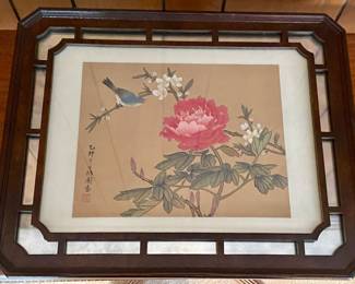 BLOCK PRINT - ORIGINAL ORIENTAL WATERCOLORS ON SILK MOUNTED IN MAHOGANY MIRRORED FRAME #6438