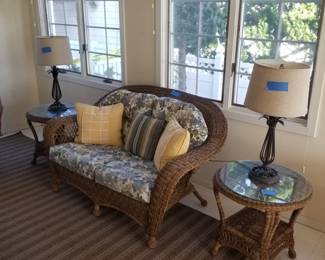 All- weather wicker loveseat & 2 end tables; table lamps