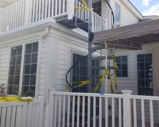 Spiral staircase; awning
