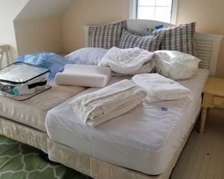 King bed (two twins) with headboard; pillows & bedding