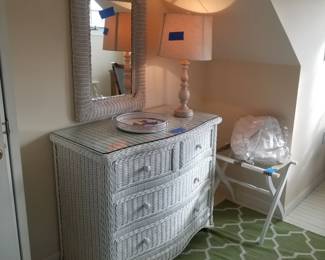 4-drawer wicker dresser with matching mirror; luggage stand 