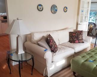 Neutral couch; glass & metal end tables - two available