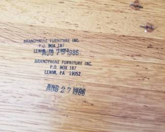 Fabulous artisan crafted wood trestle table with two bench seats. Made by Brandywine Furniture Inc. of Lenni, PA