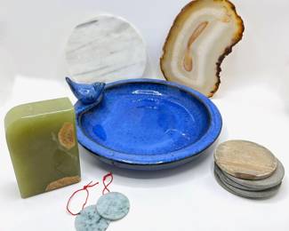 Large Stoneware Catch All Platter With Bird, Marble Trivet & Bookend, Agate Slab, Coasters & More
Lot #: 151