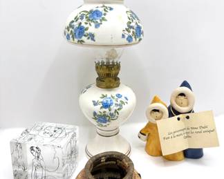 Vintqage Oil Lamp, Matisse Cube & Hand Made Ceramic Figurine From Quebec
Lot #: 186