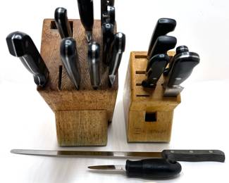 2 Wood Knife Blocks With Over 12 Knives By Zwilling J.A. Henckels, Solingen & More
Lot #: 91