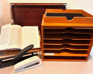 Vintage Wood Office Paper Organizer, Book Stand, 2 Wood Trays, Stapler & Hole Puncher
Lot #: 197
