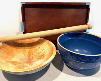 Vintage Clay City Pottery Large Bowl, Wood Bowl, Wood Tray & Vintage Rolling Pin
Lot #: 184