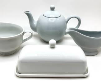 White Teapot By Apilco, Butter Dish By Nucookery, Creamer By Pottery Barn & Unbranded Gravy Boat
Lot #: 154