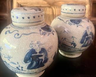 Antique small blue and white spice jars