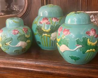 Antique trio of Chinese crane and lotus majolica jars