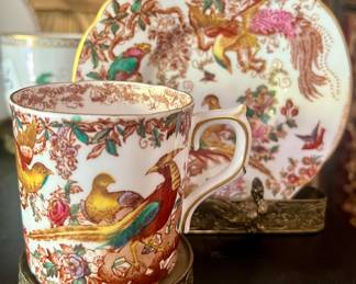 Royal Crown Derby Olde Avesbury collectors demitasse and rare matching brass stand with bird detail