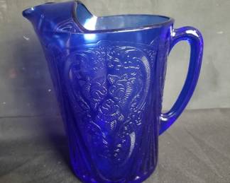 Lot # : 201 - Depression glass Royal Lace cobalt pitcher
