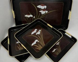 Vintage Lacquerware Lily Flower Tray Set w/ Gold Sparkly Flecks	