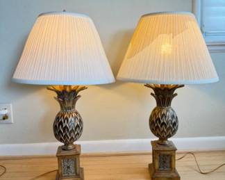 Pair of Vintage Metal Pineapple Table Lamps w/ Pleated Shades	