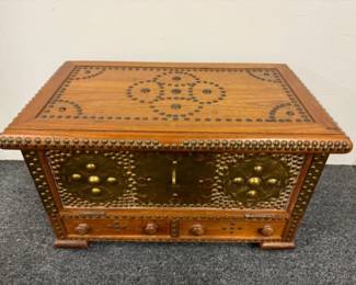 Intricate Carved Wooden Chest w/ Brass Accents	