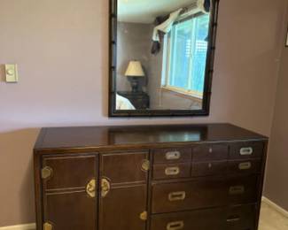 Vintage Campaign Style Credenza w/ Carved Faux Bamboo Mirror	