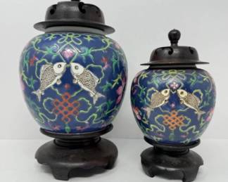 Pair of Hand Painted Hong Kong Blue Ginger Jar on Stand	