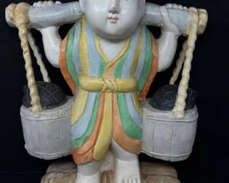 Hand-Carved Resin/Plaster Statue of a Child Carrying Buckets	