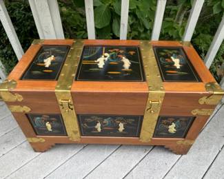 Chinese Hand Painted Wood & Brass Chest	
