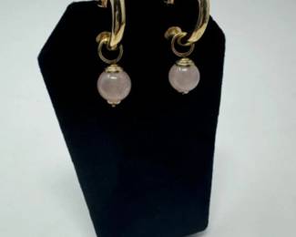 14K Gold Hoop Earrings w/ Rose Quartz Attachments	