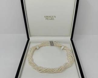Shogun Multi-Strand Pearl Necklace w/ Silver Clasp + Red Lacquer Box	