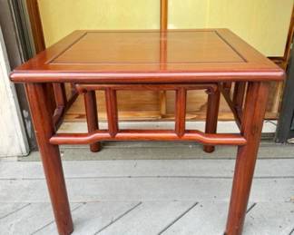 Oriental-Style Small Table w/ Pillar Legs & Geometric Inlays	