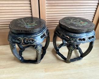 Pair of Vintage Asian Style Side Tables w/ Bird & Flower Design	
