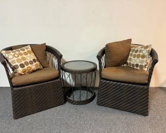 Pair of Wicker Patio Chair w/ Cushions + Matching Side Table	