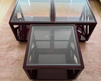 Side Tables In Deep Burgundy Color w/ Geometric Design & Glass Top	