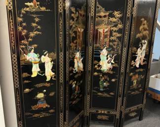Asian Lacquer Four-Panel Folding Screen w/ Carved Stone Women #2	