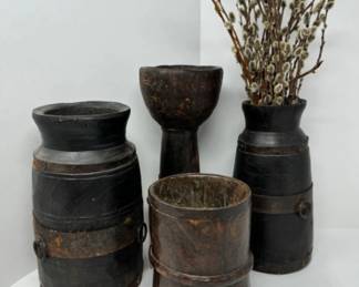 Antique Rustic Indian Wooden Vessels w/ Metal Accents + Candleholder 	