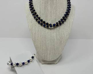 32" Blue Lapis & 14kt Gold Necklace + Pearl/Blue Lapis & 14K Bracelet	