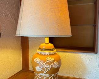 Oversized Mid-Century Ceramic Yellow & White Temple Jar Shape Lamp	