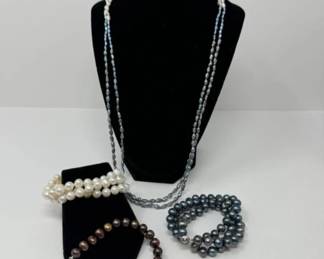 Two - Strand Rice Pearl Necklace + Freshwater Pearl Sterling Bracelets	