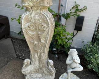 Plaster Pedestal Plant Stand w/ Swans in Scrollwork + Frog Yoga Figure	