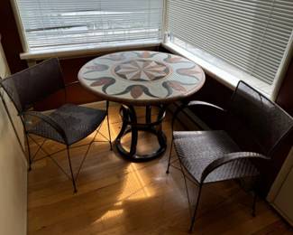 Stone Top Table w/ Colorful  Geometric Patterns & Metal Base + Chairs	