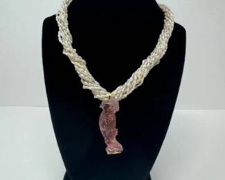 Rice Pearls & Carved Pink Tourmaline Bird Pendant w/ 14k Gold Accents	