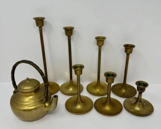 Solid Brass Teapot & Candlestick Set	