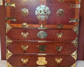 Vintage Oriental Asian Campaign Chest of Drawers w/ Brass Hardware	