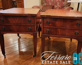 Antique Leather Top Rolling Side Tables,