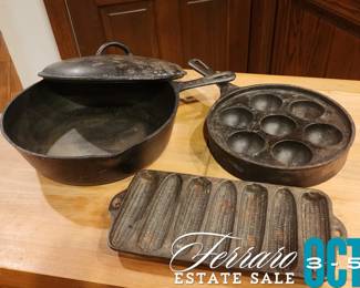 Griswold 962 Aebleskiver Danish Cake/Eggs Cast Iron Pan, Cast Iron Cornbread Pan, & #8 Cast Iron Skillet w/ Lid