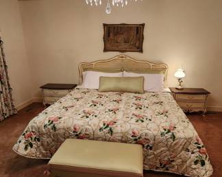 Waterford Crystal Chandelier, Drexel Heritage King Size Bed, Drexel Heritage Bedside Tables, Custom Upholstered Bedroom Bench