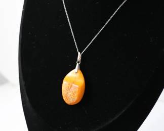Vintage Russian Amber Pendant on 18″ Sterling Chain