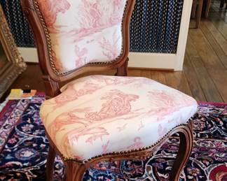 Red Toile Country French, Ornate Carved Parlor Chair